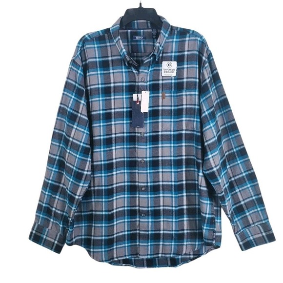 IZOD Shirt Mens XL Blue Gray Flannel Plaid Button LS Quick Dry Wicking NWT - Picture 10 of 11